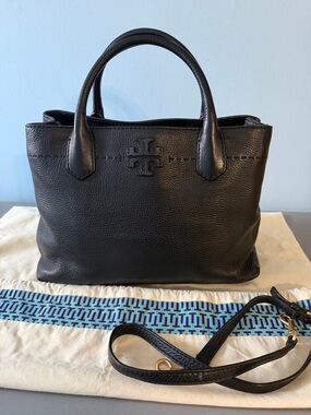 Tory Burch Black Pebbled Leather Tote /shoulder bag with Logo